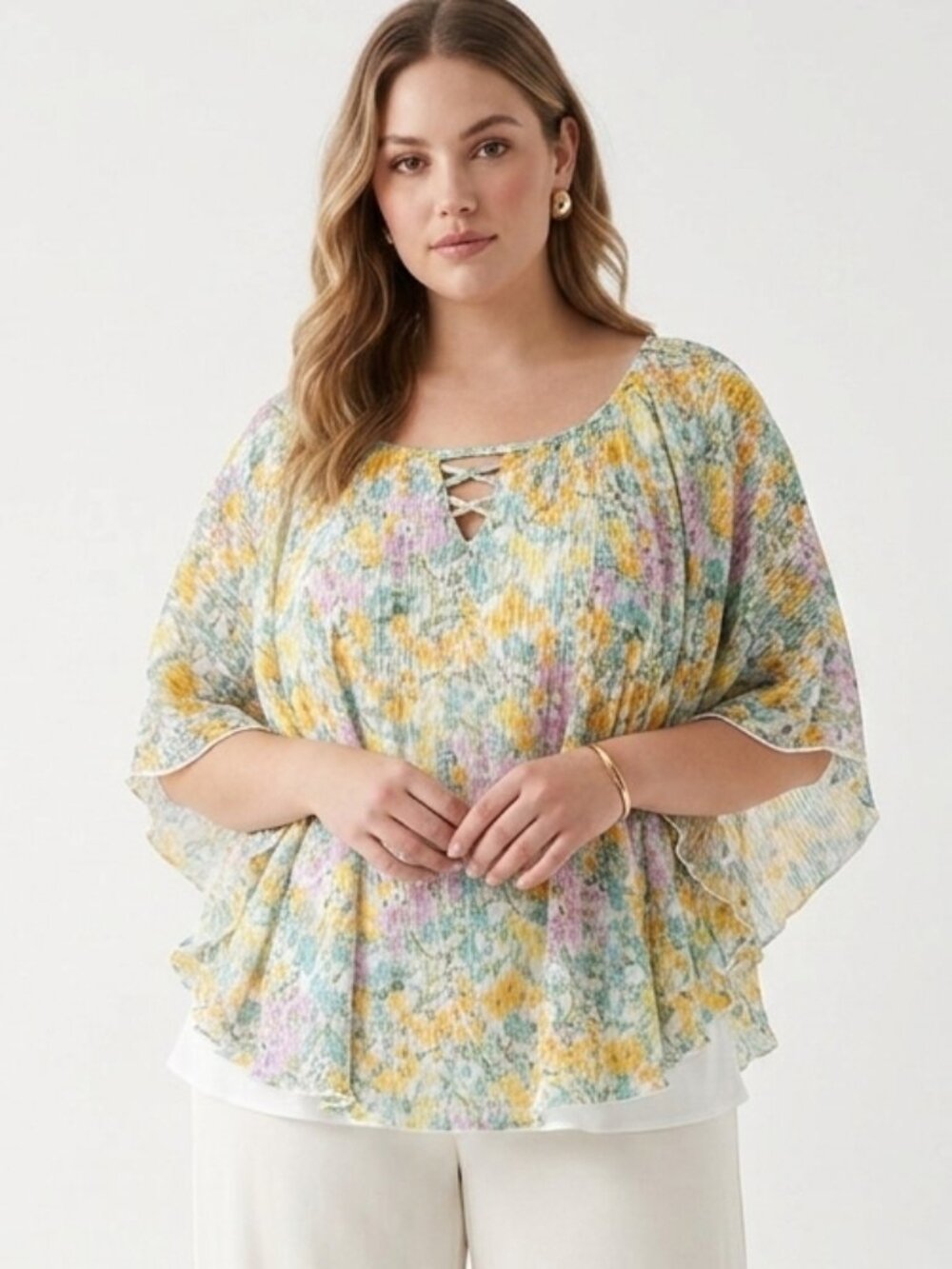 Cato Blouse Green Yellow Floral Peasant Cottage Festival Metallic 26/28W